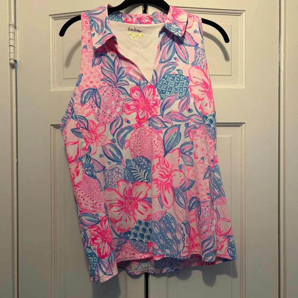 Lilly Pulitzer Women's Luxletic Tropical Floral Blouse - Pink and Blue - Picture 2 of 5